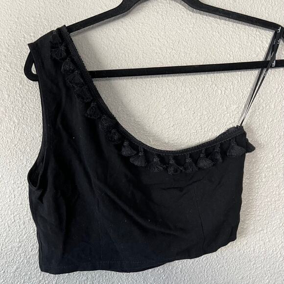 Lulus Line In The Sand Black One-Shoulder Tassel Crop Top Linen Blend Womens Med - Picture 5 of 7